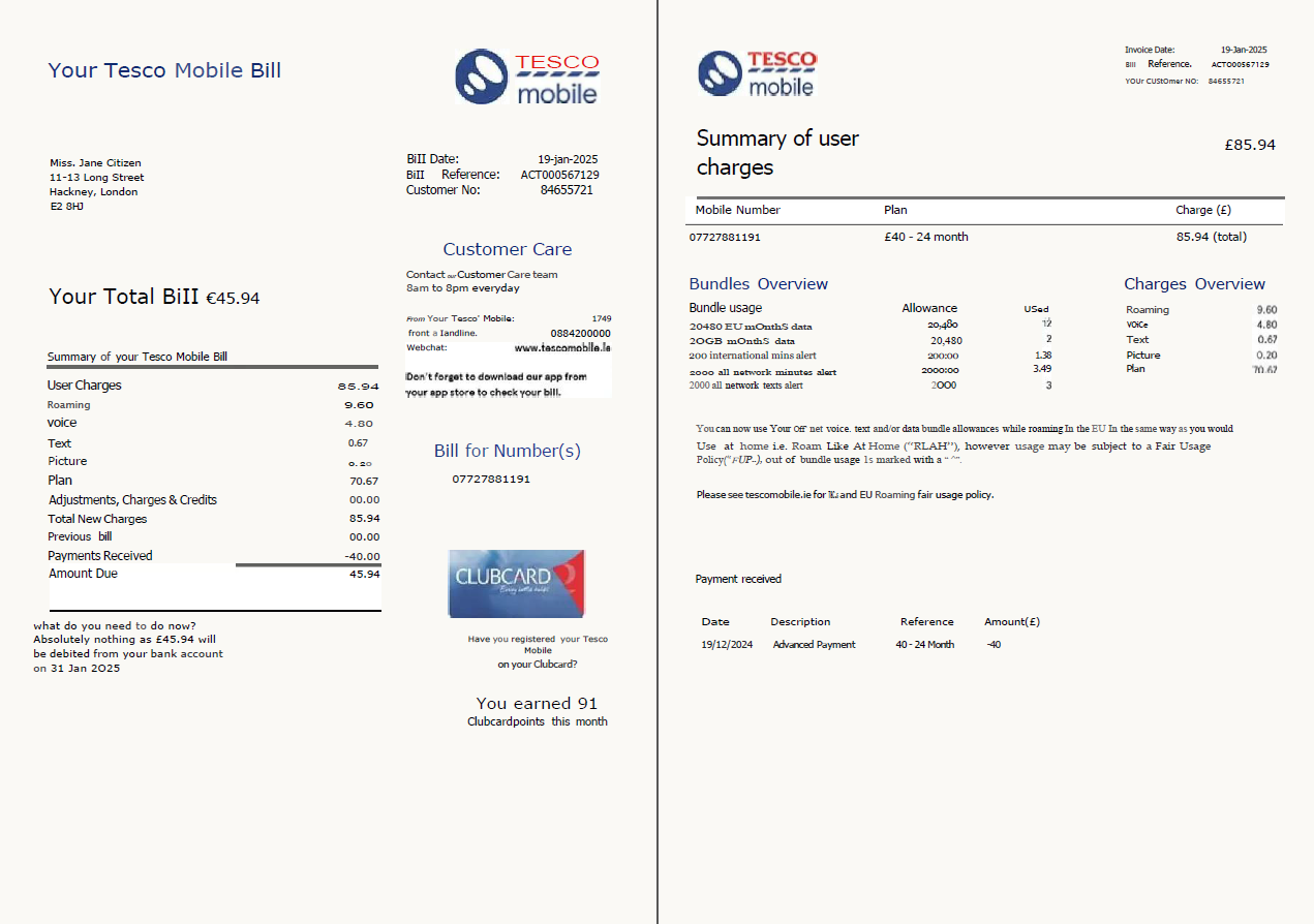 United Kingdom Tesco Mobile utility bill template in Word and PDF formats, 2 pages, version 2